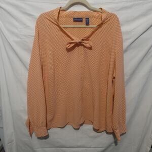 Karen Scott Woman 2X Button-up Tie Neck Collar Peach‎ Polkadot